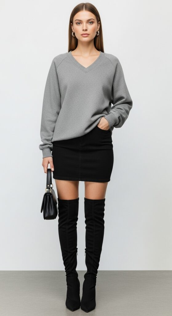 18 Stylish Sweatshirt Outfits to Elevate Your Everyday Look 11 V-Neck Sweatshirt and Mini Skirt