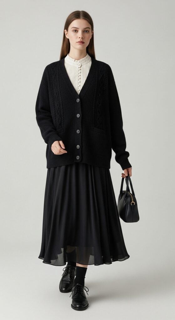 V-neck Cardigan and Midi Skirt