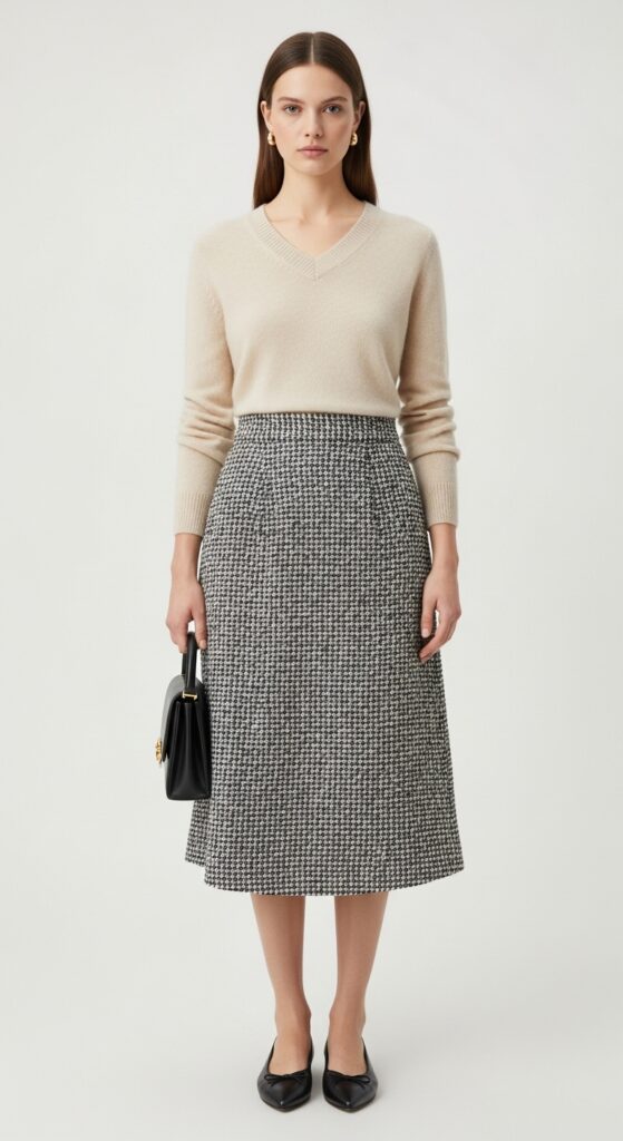 V-neck Cashmere Sweater and High-Waisted Skirt