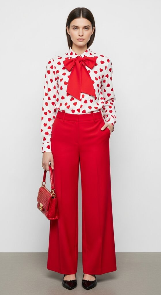 19 Red Pants Outfits to Ignite Your Style 20 Valentine’s Day Vibes Heart Print Shirt & Red Trousers