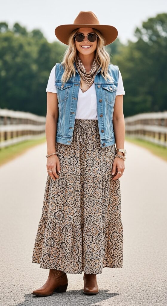 Vintage Cowgirl Denim Vest & Patterned Skirt
