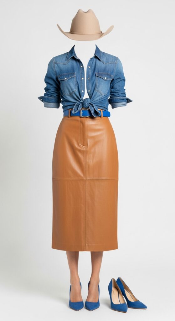 22 Leather Skirt Outfits for an Edgy, Cool Vibe 23 Western Chic Denim Shirt & Tan Leather Midi