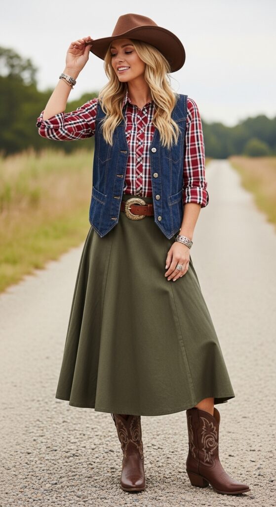 Western-Inspired Vest and A-Line Skirt