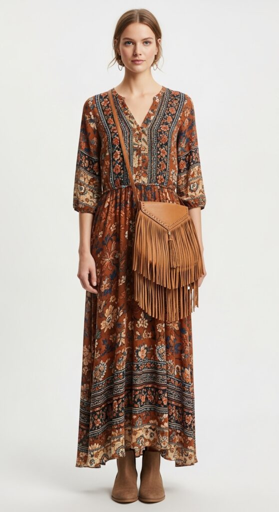 Flowy Maxi Dress and Fringe Bag