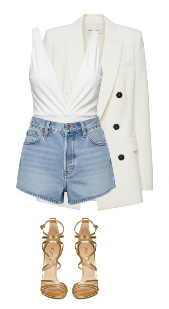 20 Chic White Blazer Outfits to Elevate Your Style 20 White Blazer and Denim Shorts