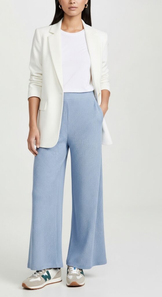 20 Chic White Blazer Outfits to Elevate Your Style 14 White Blazer and Ribbed Wide-Leg Pants