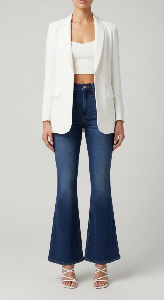 20 Chic White Blazer Outfits to Elevate Your Style 7 White Blazer with Flared Jeans