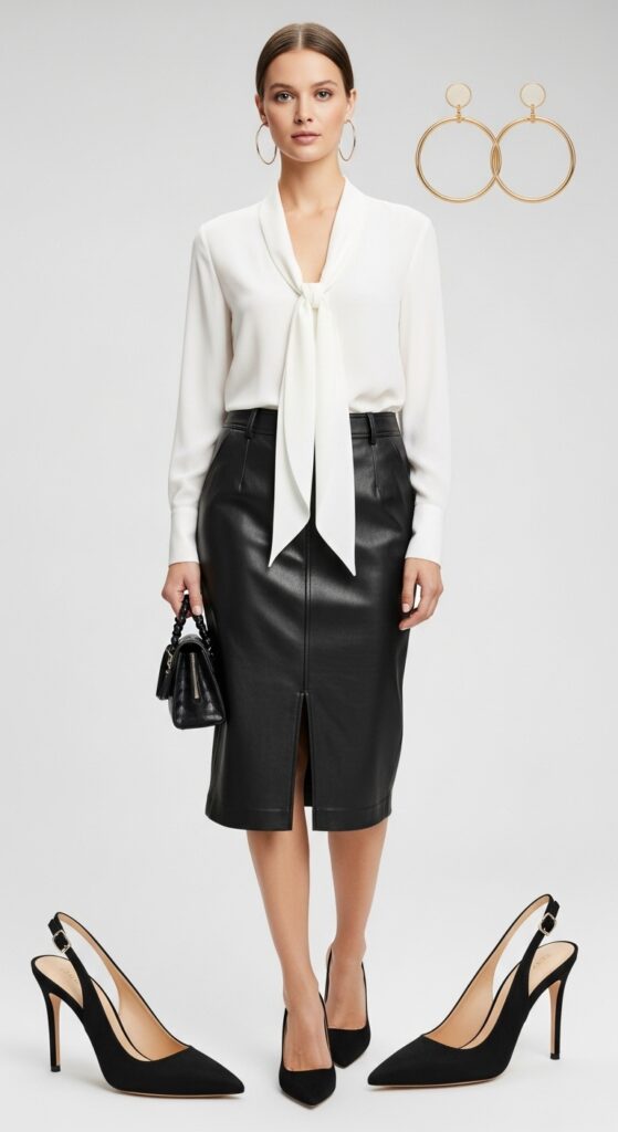 White Blouse and Leather Skirt