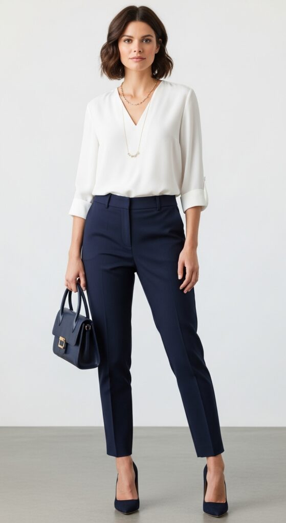 15 Stylish Navy Pants Outfits for Effortless Elegance 3 White Blouse and Pointed-Toe Heels