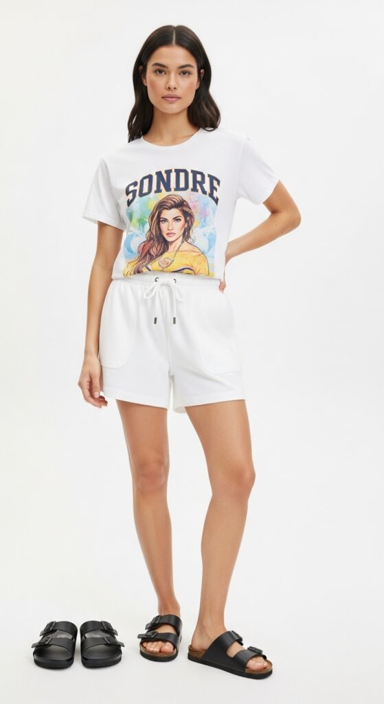 22 Stylish White Shorts Outfit Ideas You’ll Love This Summer 11 White Graphic T-Shirt and Drawstring Shorts