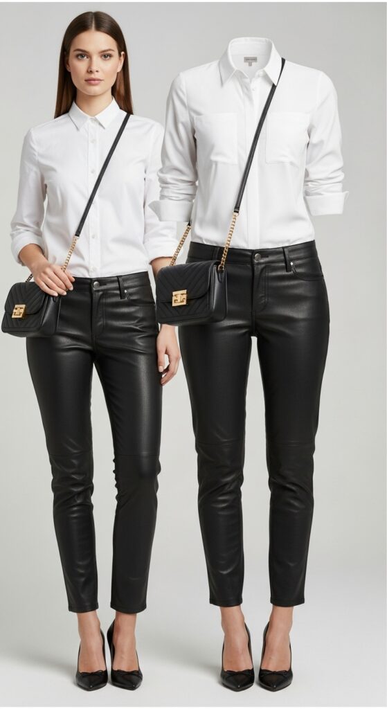21 Feminine Ballet Flat Outfits for Classic and Modern Looks 6 White Shirt and Leather Pants