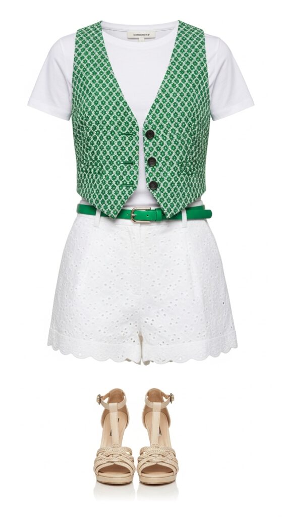 22 Stylish White Shorts Outfit Ideas You’ll Love This Summer 20 White T-Shirt, Green Patterned Vest, and White Eyelet Shorts