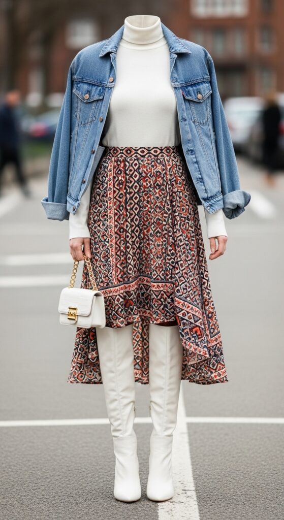 White Turtleneck, Patterned Skirt & Knee-High Boots