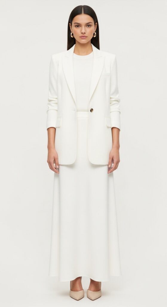 20 Chic White Blazer Outfits to Elevate Your Style 6 White on White with Maxi Skirt