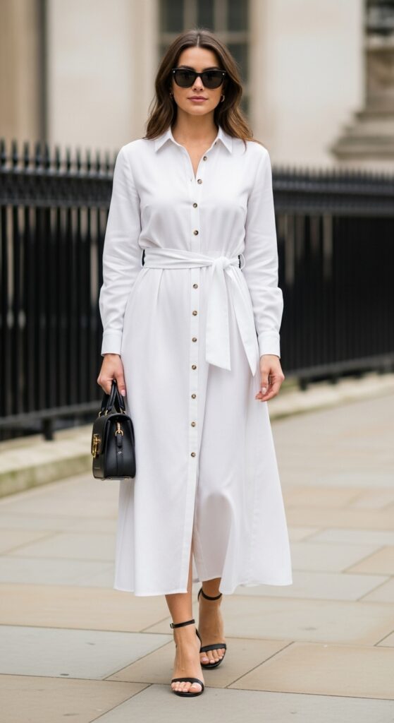 London Outfit Guide: 31 Chic Looks for U.S. Women in 2025 18 Whitehall Classic White Button-Up Maxi Dress