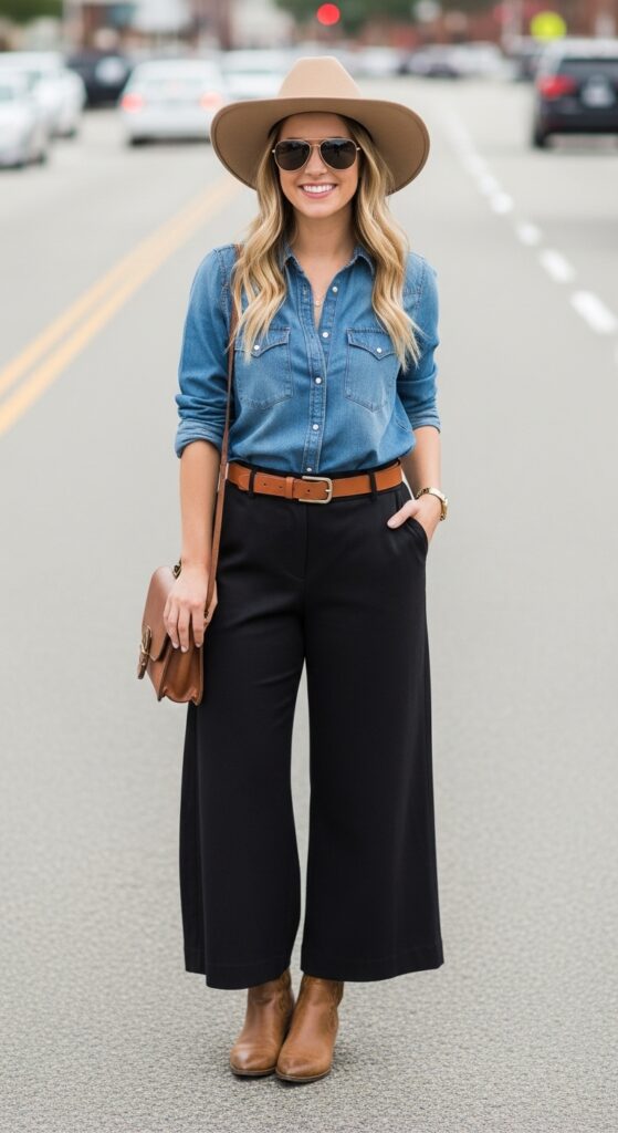 Wide-Legged Pants and Button-Up Shirt