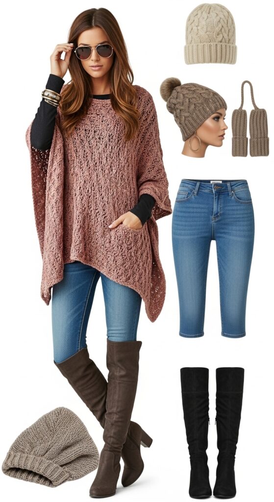 30 Stylish Winter Outfits for Women That Keep You Warm and Fashion-Forward 23 Winter Boho with Knit Poncho