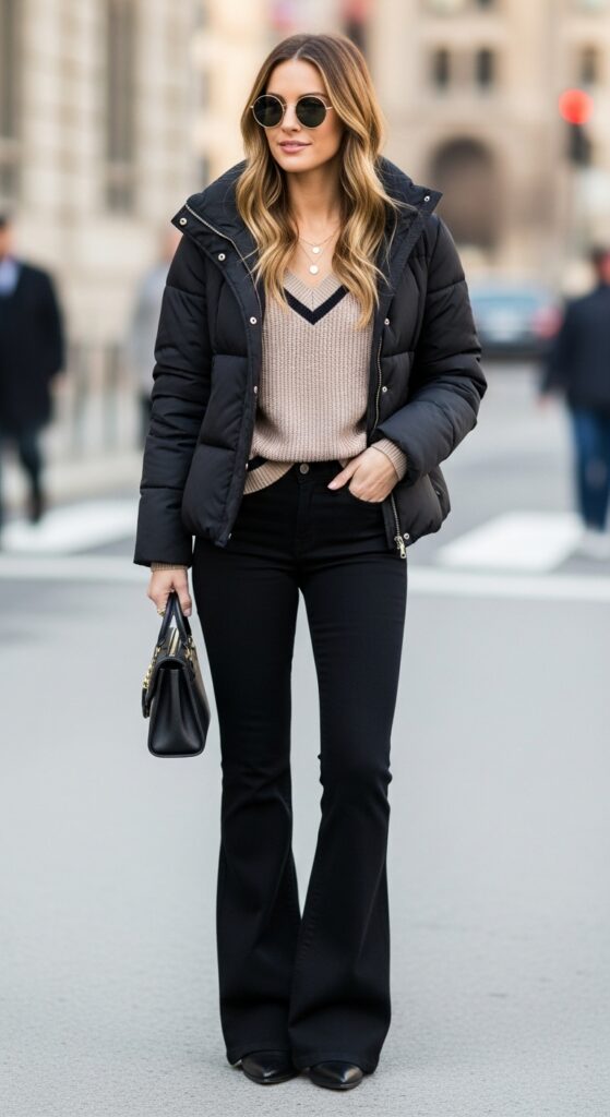 18 Flare Jeans Outfits for U.S. Women in 2025 16 Winter Gala Black Puffer & V-Neck Sweater