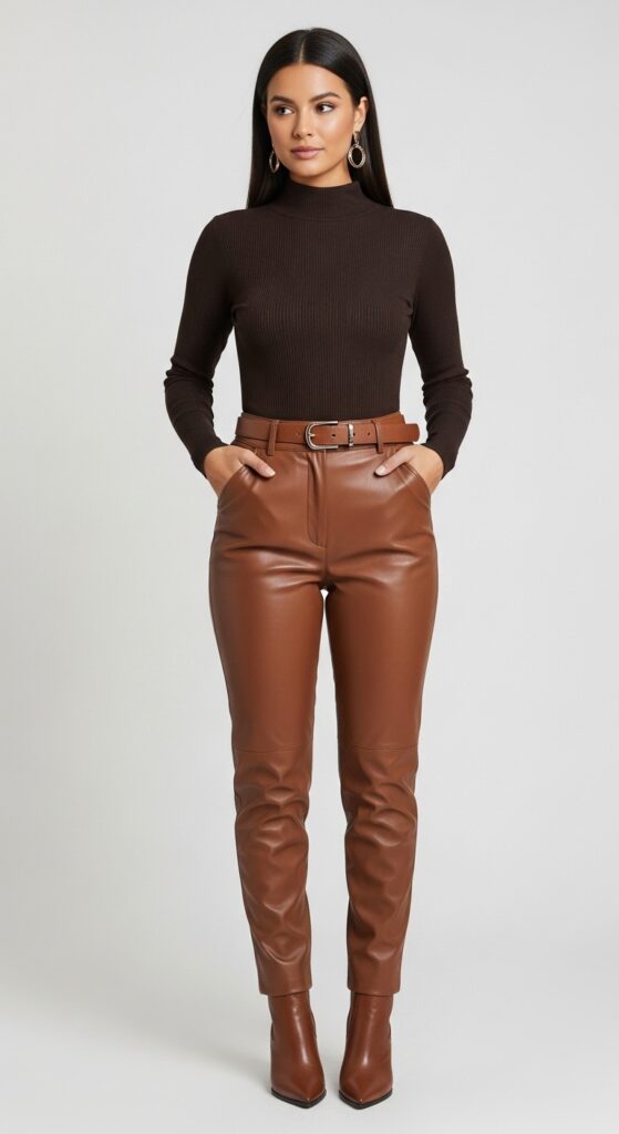 20 Leather Pants Outfits to Slay Every Occasion 17 Winter Gala Dark Brown Top & Light Brown Leather Pants