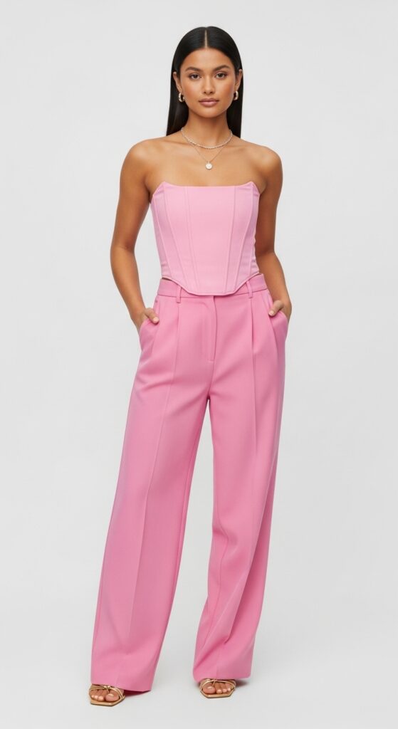 25 Pink Pants Outfits to Steal the Spotlight 19 Winter Gala Pink Corset Top & Matching Trousers
