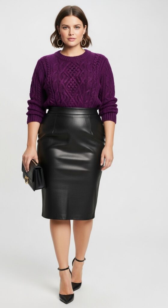 22 Leather Skirt Outfits for an Edgy, Cool Vibe 18 Winter Gala Purple Sweater Dress & Black Leather Pencil