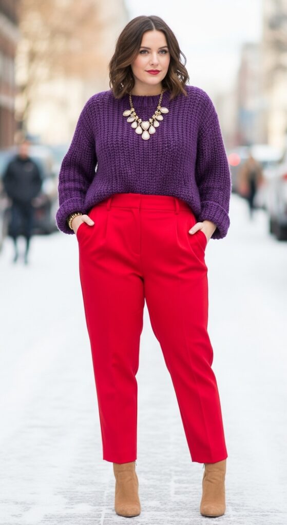 19 Red Pants Outfits to Ignite Your Style 17 Winter Gala Purple Sweater & Red Trousers