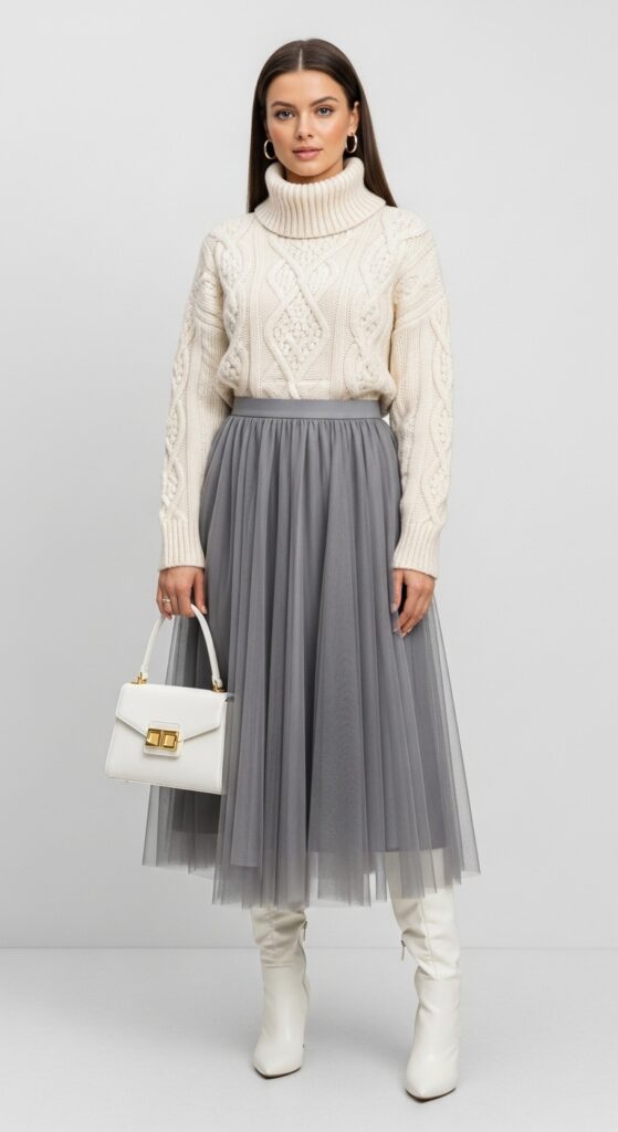 21 Stunning Tulle Skirt Outfit Ideas for U.S. Women in 2025 20 Winter Gala Turtleneck & Gray Tulle Midi