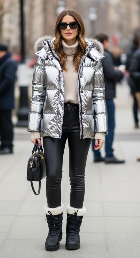 Winter Glam Metallic Puffer & Leather Pants