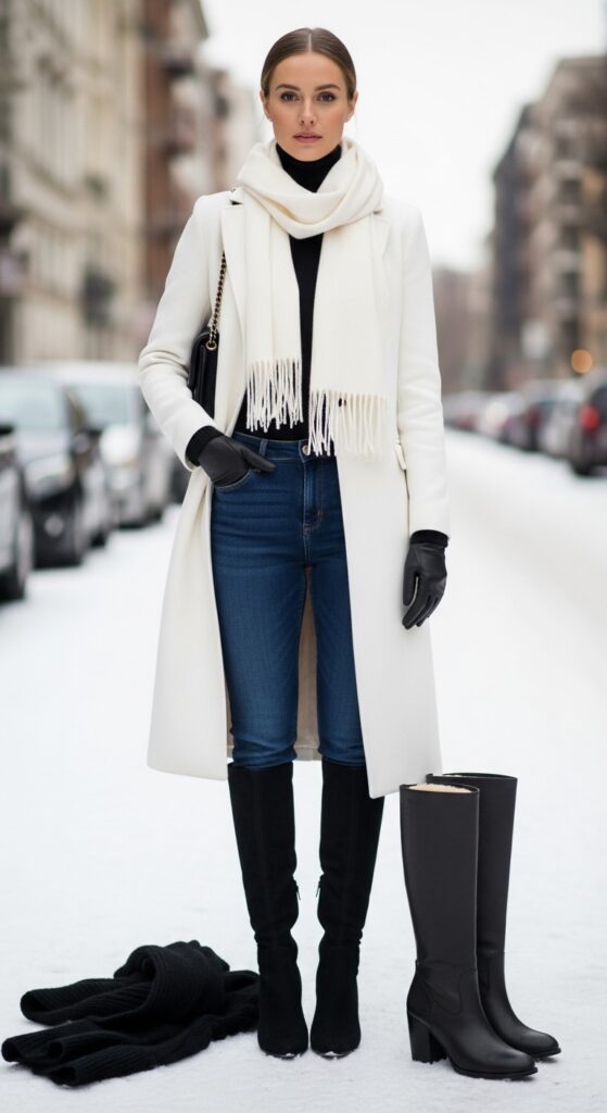 30 Stylish Winter Outfits for Women That Keep You Warm and Fashion-Forward 27 Winter Wonderland White Coat and Dark Denim
