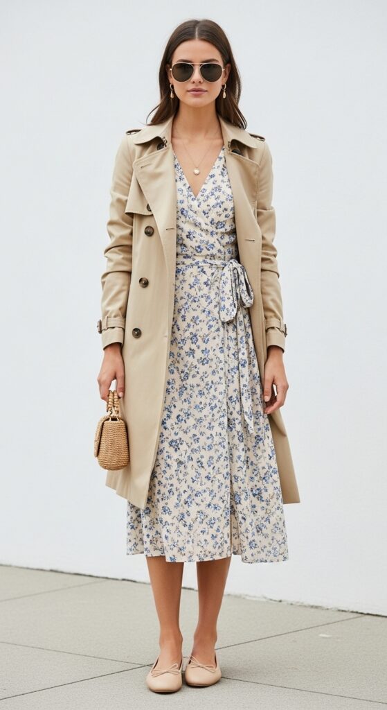 21 Feminine Ballet Flat Outfits for Classic and Modern Looks 3 Wrap Dress and Trench Coat
