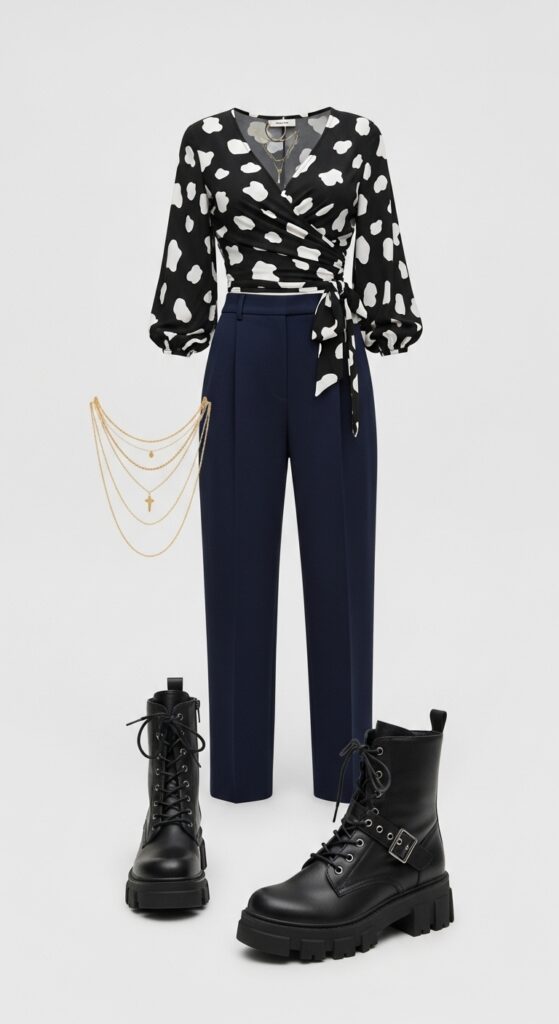 15 Stylish Navy Pants Outfits for Effortless Elegance 16 Wrap Top and Chunky Boots