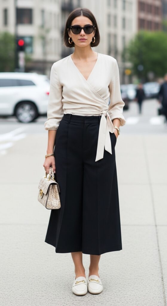 23 Stylish Loafer Outfits for Effortless Elegance 8 Wrap Top and Culottes