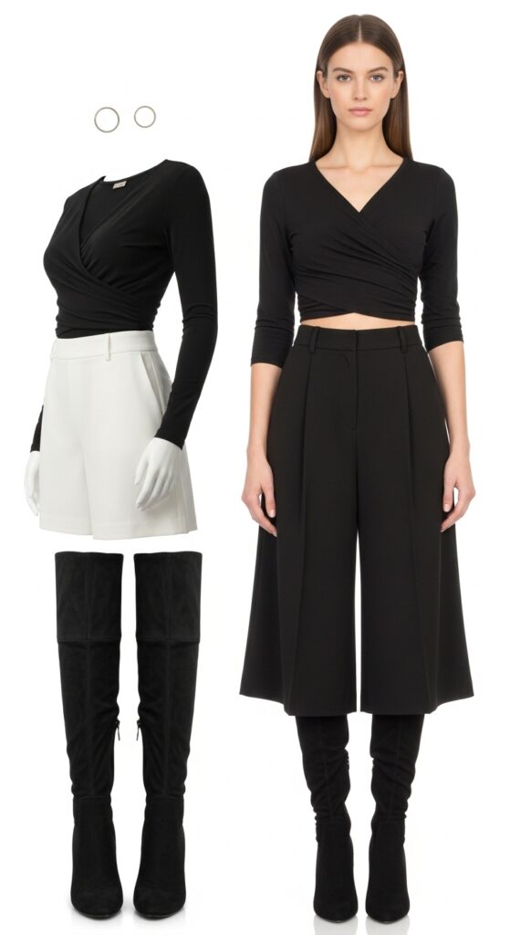 16 Trendy Knee-High Boot Outfits to Shine in Any Setting 8 Wrap Top and Culottes
