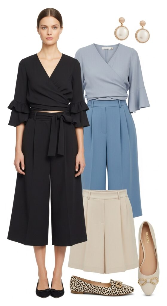 20 Stylish Flat Shoe Outfits to Inspire Your Wardrobe 14 Wrap Top and Culottes