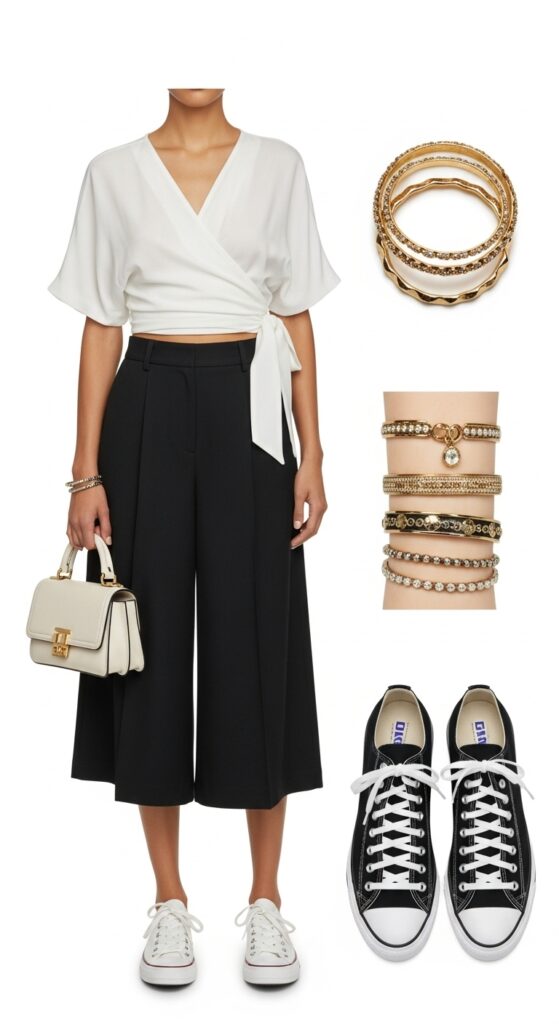 24 Trendy Converse Sneaker Outfits for Every Vibe 14 Wrap Top and Culottes
