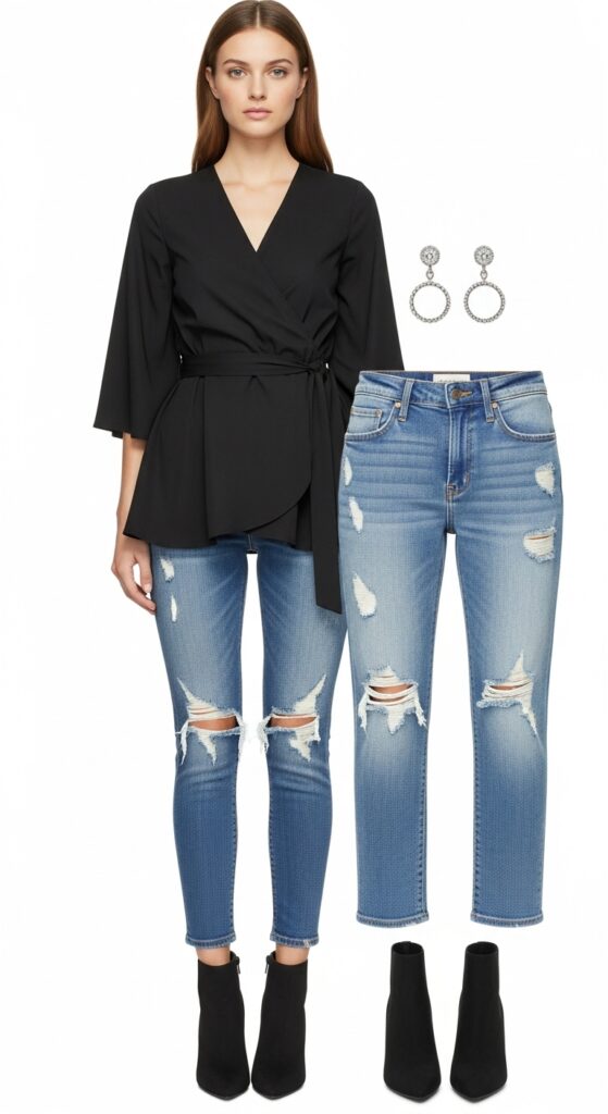 Wrap Top and Distressed Jeans