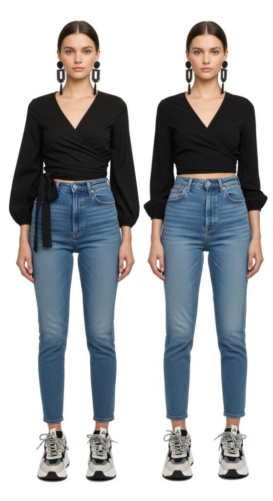 20 Bold Chunky Sneaker Outfits for a Standout Look 19 Wrap Top and High-Waisted Jeans