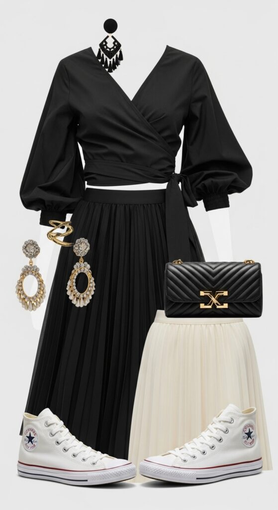 24 Trendy Converse Sneaker Outfits for Every Vibe 23 Wrap Top and Midi Skirt