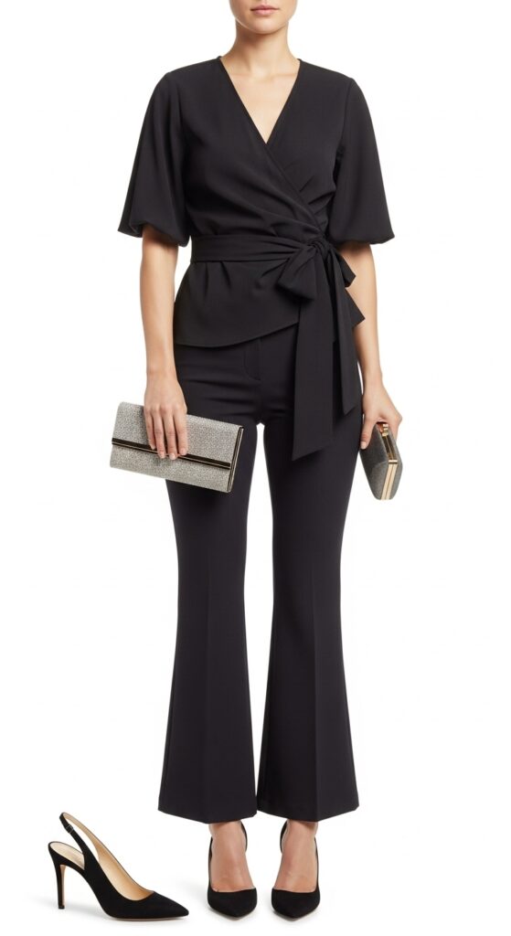 15 Chic Flare Pants Outfits to Elevate Your Wardrobe with Chic Season Style 7 Wrap Top and Slingback Heels