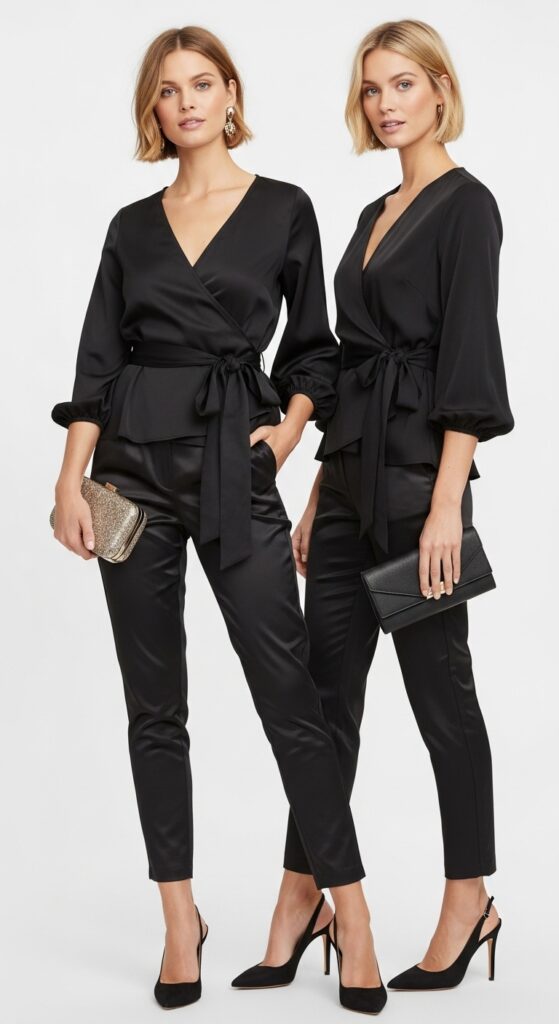 12 Glamorous Satin Pants Outfits for Timeless Style with Chic Season Style 7 Wrap Top and Slingback Heels