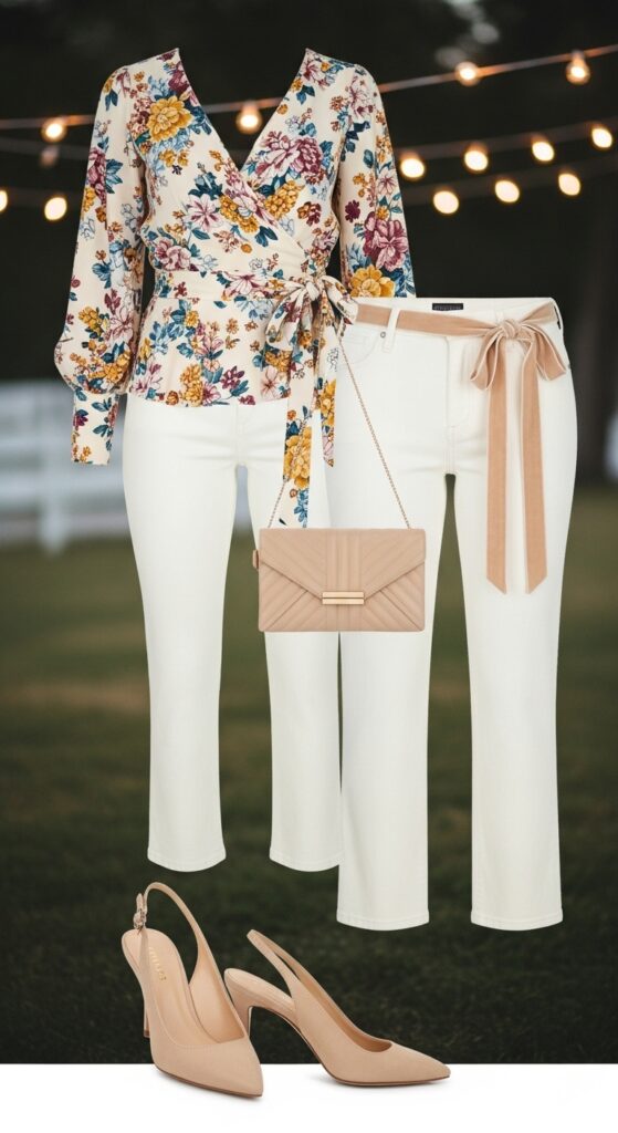 10 Chic Cream Jeans Outfits to Inspire Your Wardrobe with Chic Season Style 8 Wrap Top and Slingback Heels for Date Night