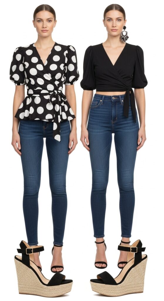 8 Stylish Outfits to Pair with Dark Wash Jeans for a Bold Look 10 Wrap Top and Wedge Sandals