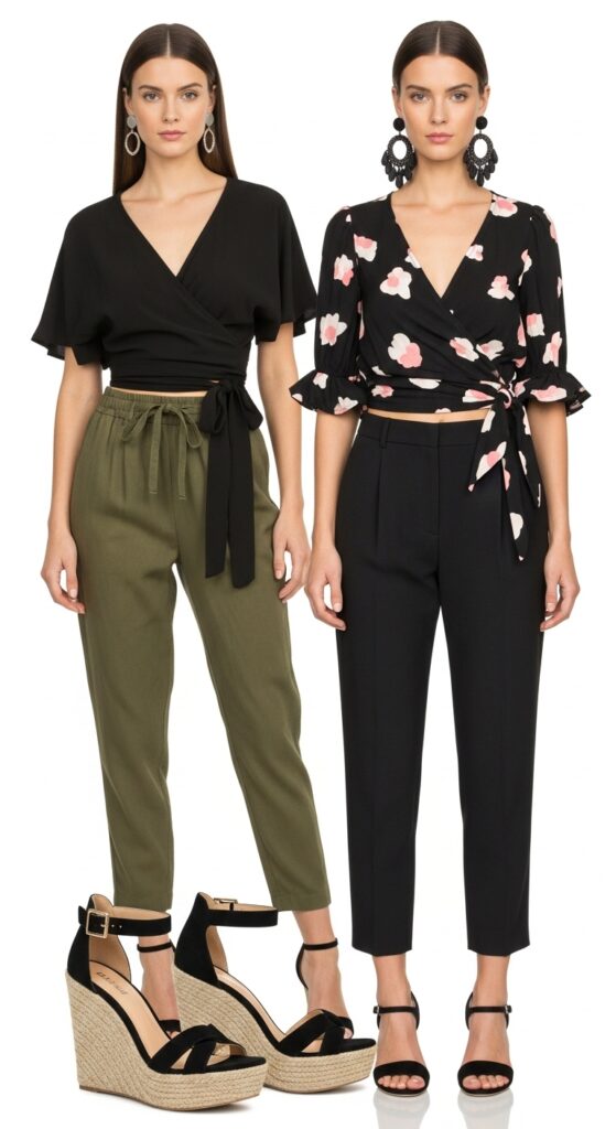 9 Cool Parachute Pants Outfits for Effortless Style with Chic Season Style 10 Wrap Top and Wedge Sandals