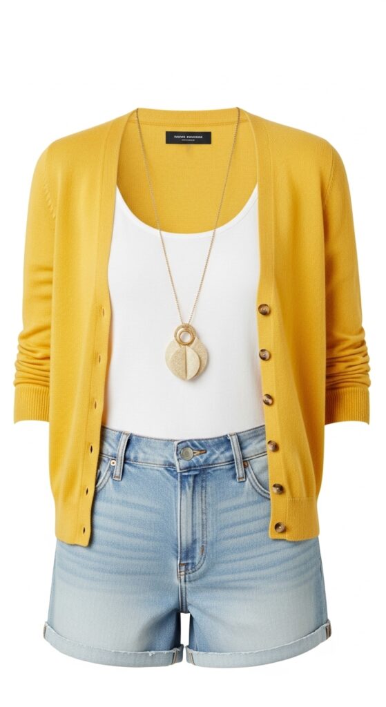 20 Stylish Jean Shorts Outfits for Every Summer Occasion 9 Yellow Cardigan and Light Wash Shorts