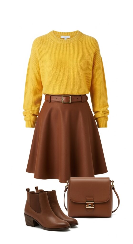 20 Cozy and Chic Sweater Outfit Ideas You’ll Want to Wear All Season Long 21 Yellow Sweater with Brown Skirt