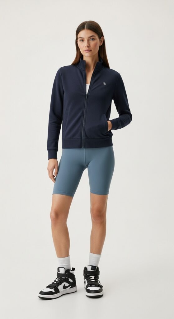 15 Sporty Outfit Ideas to Keep You Stylish and Comfortable 9 Zip-Up Jacket and Bike Shorts