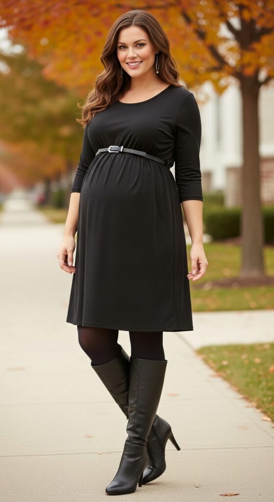 12 Plus Size Pregnant Fall Outfits That Curvy Women Love 22 A-Line Dress and Tights