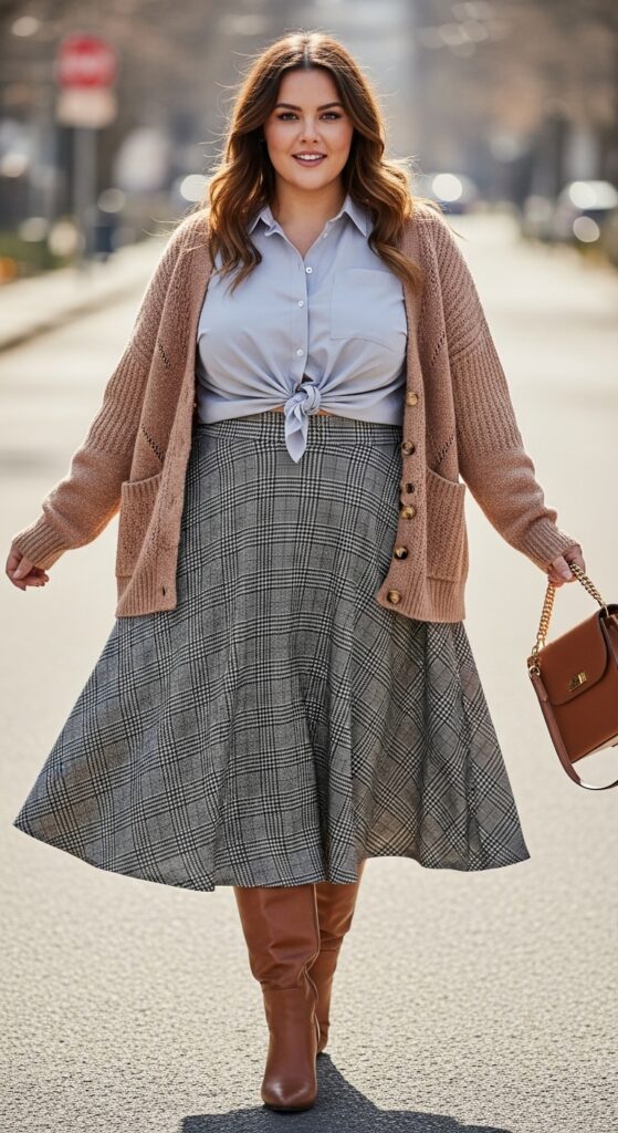 15 Chic and Casual Plus Size Fall Outfits Every Curvy Woman Will Love 5 A-Line Skirt and Button-Up Shirt