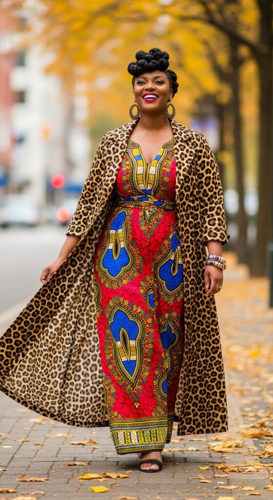 14 Plus Size Fall Outfits Celebrating Black Women’s Style Magic 6 Animal Print + Ankara