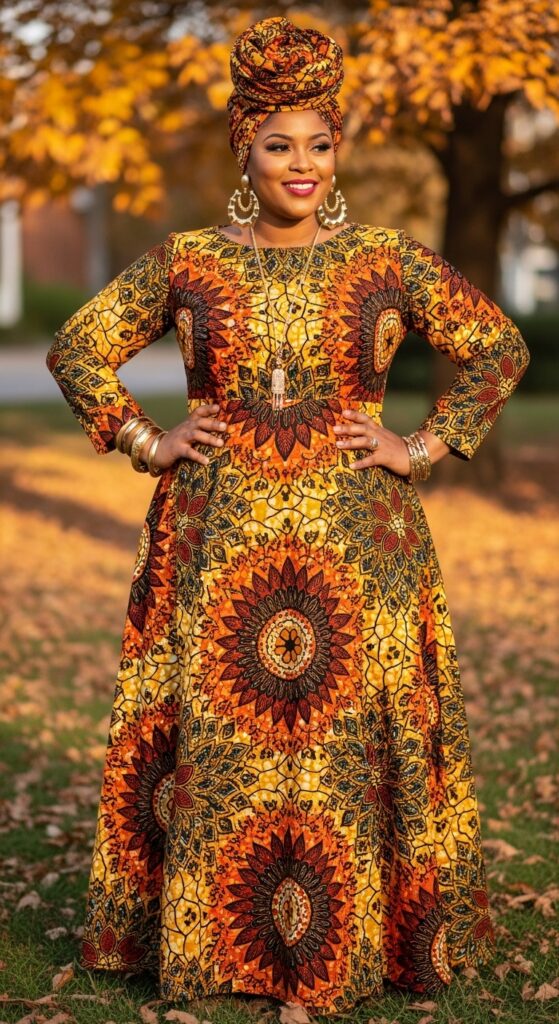 14 Plus Size Fall Outfits That Celebrate Your Curves in Every Autumn Adventure 12 Ankara Maxi + Gold Accents